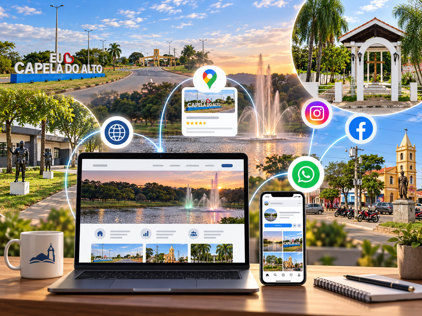 Ecossistema digital com site, celular, Google, WhatsApp e redes sociais
